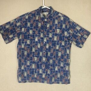 Tori Richard Shirt Mens Medium Blue Brown Hawaiian Button Up Beach‎ Adult